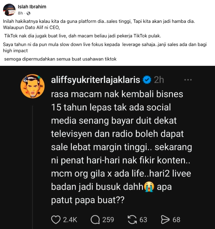 Aliff Syukri dan Islah Ibrahim berkongsi pandangan tentang kepenatan bergantung pada TikTok untuk bisnes — screenshot Facebook 2025
